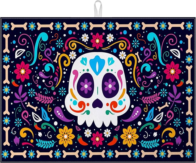 Sugar Skull Dish Drying Mat for Kitchen Counter Microfiber Absorbent Dish Day of the Dead Kitchen Drying Mat Draining Reusable Washable for Dishes/Utensils/Counterto