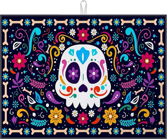 Sugar Skull Dish Drying Mat for Kitchen Counter Microfiber Absorbent Dish Day of the Dead Kitchen Drying Mat Draining Reusable Washable for Dishes/Utensils/Counterto