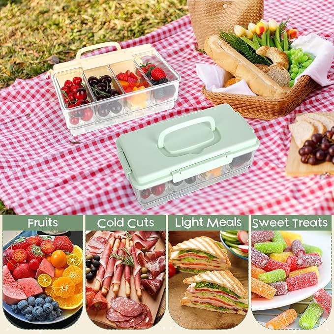 2 Pack Snackle Box Container with Ice Pack Snackle Box Container 4 Compartment Chilled Portable Divided Serving Tray Portable Travel Snack Organizer,Snack Box for Fruits Veggies, Keep Food Cold