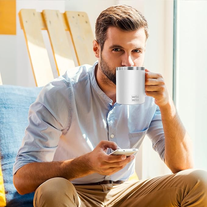 WETOWETO 14 oz Coffee Mug, Vacuum Insulated Camping Mug with Lid, Double Wall Stainless Steel Travel Tumbler Cup, Coffee Mugs Outdoor, Powder Coated White