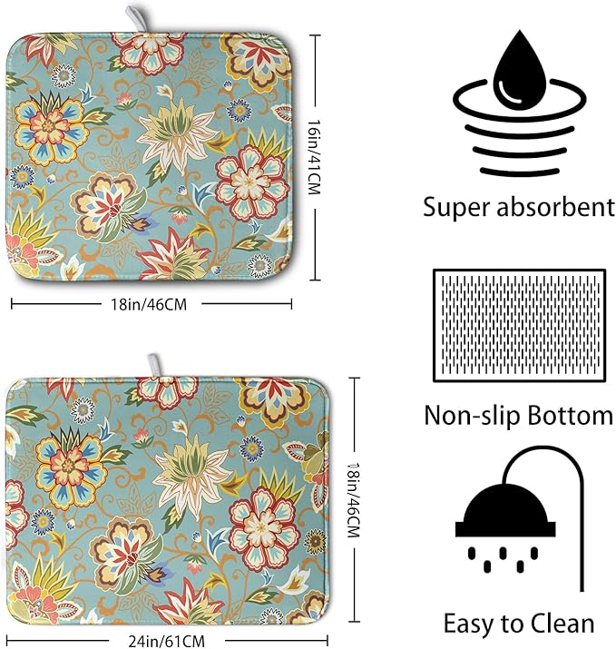 Boho Floral Kitchen Dish Drying Mat for Dishes 16x18 Inch Vintage Mandala Colorful Flowers Drying Mat Green Bohemian Dish Drainer Mat Super Absorbent Dish Rack Pad for Coffee Bar Sinks