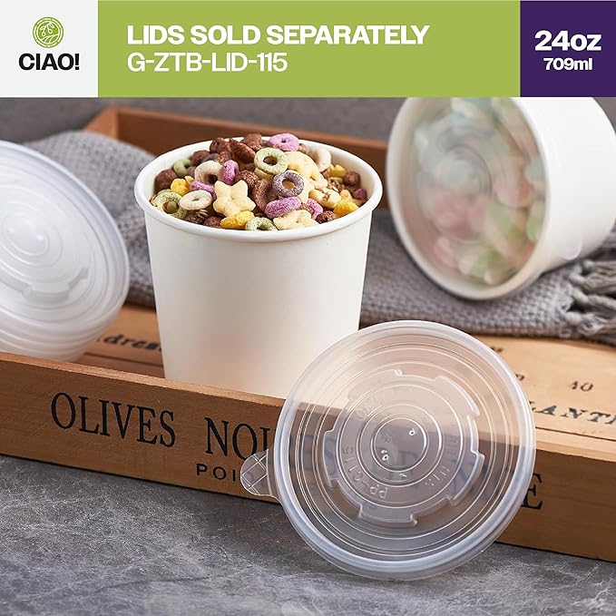 CIAO! 24OZ Disposable White Paper Food Container, 115mm Diameter, Lids Sold Separately (500/case)