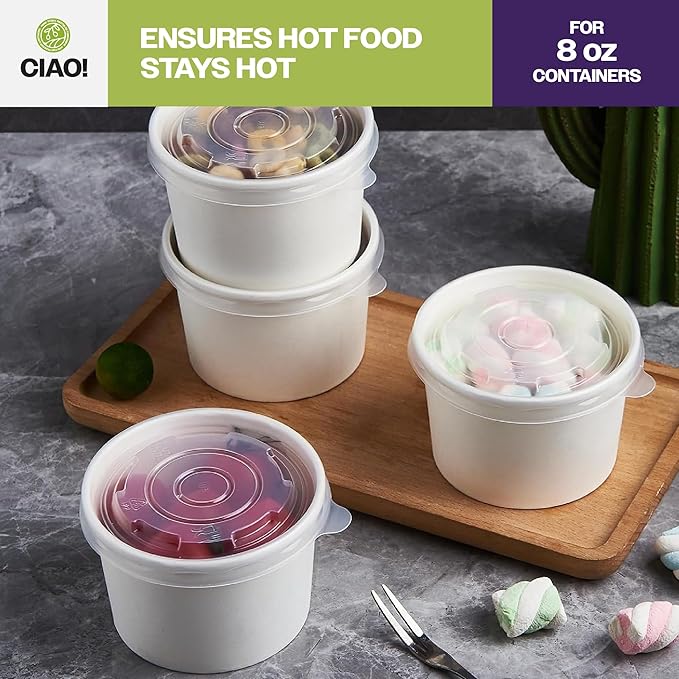 CIAO! 90mm Diameter PP Lid, Designed and Fit BRAND 8oz Paper Food Container (1000/case)