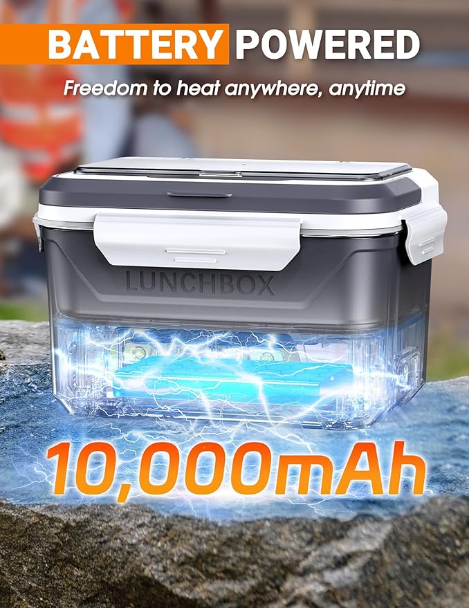 Rechargeable Heated Lunch Box for Men, 1.3L Cordless Electric Lunch Box for Adults with Scheduled Heating, Portable Food Warmer with Large Bag, Cutlery, Removable Divider