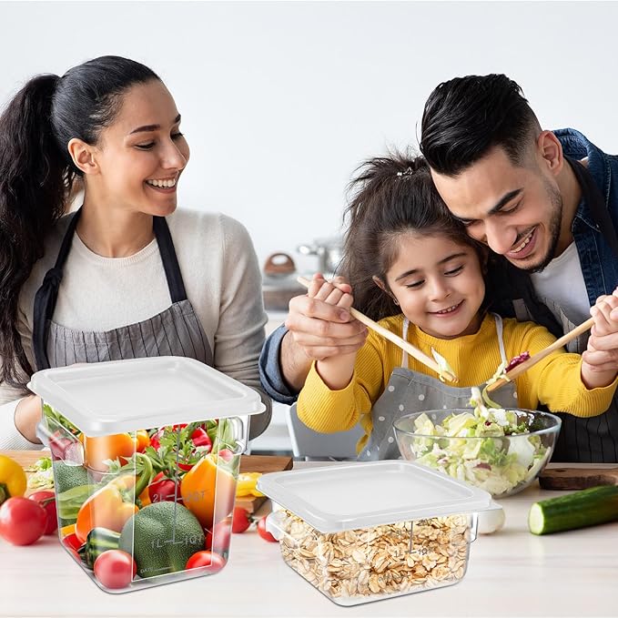 Suclain 8 Pcs Food Storage Container with Lids Set 2qt and 4qt Square Clear Commercial Containers with Scales Handles for Home Restaurant Kitchen Food Storage, Marinating Meat, Proof Dough (White)