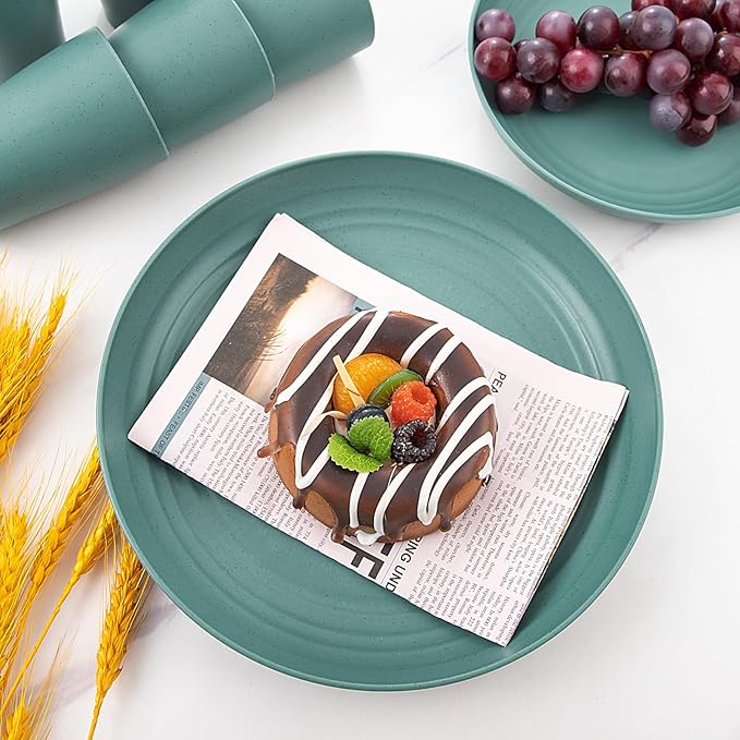 Supernal 32pcs Wheat Straw Dinnerware Sets,Dinnerware Sets for 8,Unbreakable Dinnerware,Reusable Tableware,Dark Green Set 16pcs Plates, 8pcs Bowls, 8pcs Cups,Microwave Dishwasher Safe