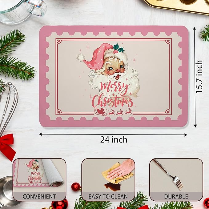 Pink Santa Christmas Dish Drying Mat, Preppy Merry Christmas Coffee Bar Mat for Countertops, Xmas Santa Reindeer Absorbent Dish Drying Mats for Kitchen Counter Coffee Maker, 16x24 Inch