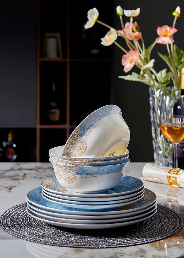 Bone China Plates and Bowels,12-Pieces Dinnerware Sets, Highly Chip and Crack Resistant, Dishwasher & Microwave Safe Dishes Set, Dense and Translucence