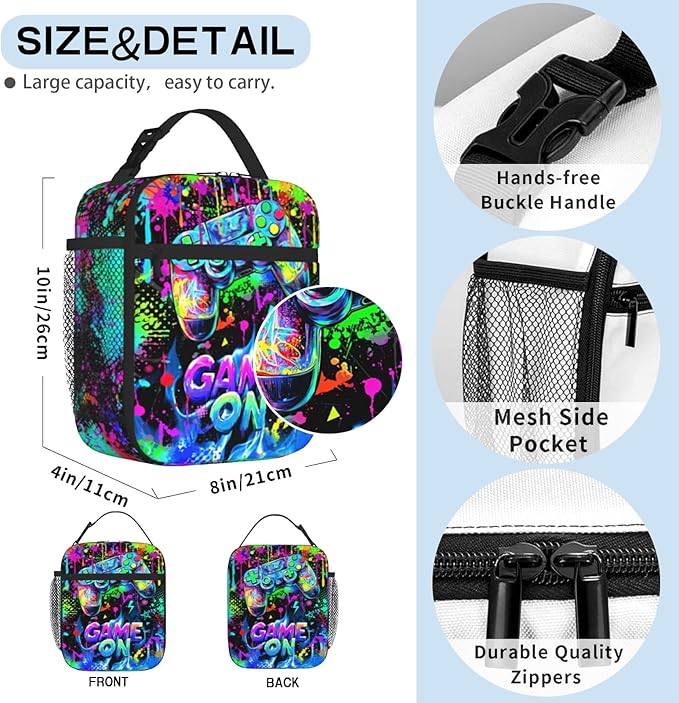 Video Game Lunch Box for Boys, Insulated Reusable Game Lunch Bag for Kids Teens Portable Waterproof Leakproof Gaming Lunch Tote Bag Boys Lunchbox for School Picnic Travel Beach Back to School Gifts