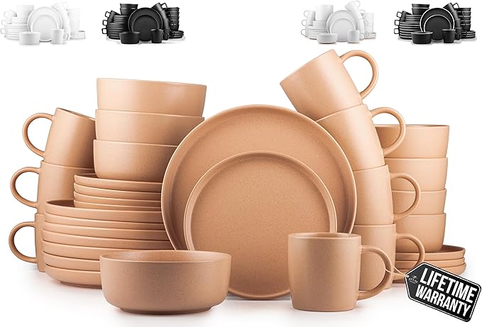 Zulay Kitchen Terra Stoneware 32-Piece Dinnerware Set, Artisanal Ceramic Plates and Bowls Set Crafted at 2300℉ - Service for 8, Terracotta Clay