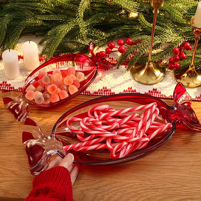 Christmas Candy Glass Plate, Christmas Theme Serving Tray for Holiday Desserts, Cookies & Candy Display, Festive Party Bowl, Red XMAS Decorations Large