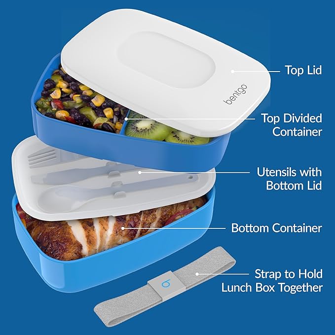 Bentgo Classic - Adult Bento Box, Stackable 3-Compartment Lunch Box with Removable Utensil Set and Sealing Strap, BPA-Free, Food Container Ideal for Meal Prep, Work, and On the Go (Blue)