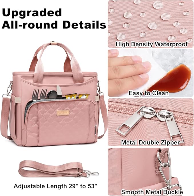AIJIEKE Insulated Lunch Bag for Women, Lunch Box, Lunch Tote for Work, Large Leak Proof Cooler Bag with Removable Strap, Reusable Adult Lunchbag, Picnic, Office, Beach, Pink