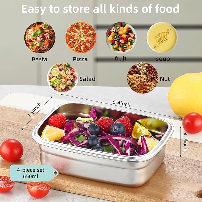 BEFOY Stainless Steel Snack Food Storage Container with Lids 4PCS 22.8OZ Leak Proof & Airtight Bento Box Lunch Container for Kitchen Meal Prep freezer Rectangular,Reusable & Stackable(white)