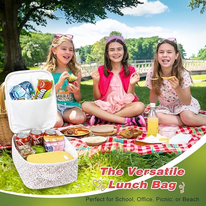 Aileam Lunch Box Lunch Bag for Women Cute Girls Insulated Womens Lunch Bag For Work Quilted Large Capacity Reusable Insulated Cooler for Work School Picnic Travel Pink Little Floral