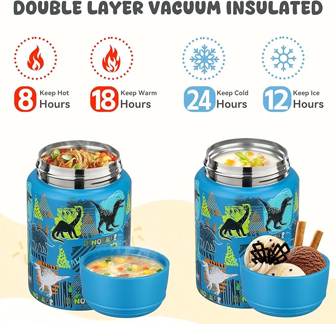 17oz Soup Thermo for Hot Food Kids Insulated Food Jar,Thermo Hot Food Lunch Container, Width Mouth Stainless Steel Lunch Box for Kids with Handle Folding Spoon(Blue - Dinosaur)