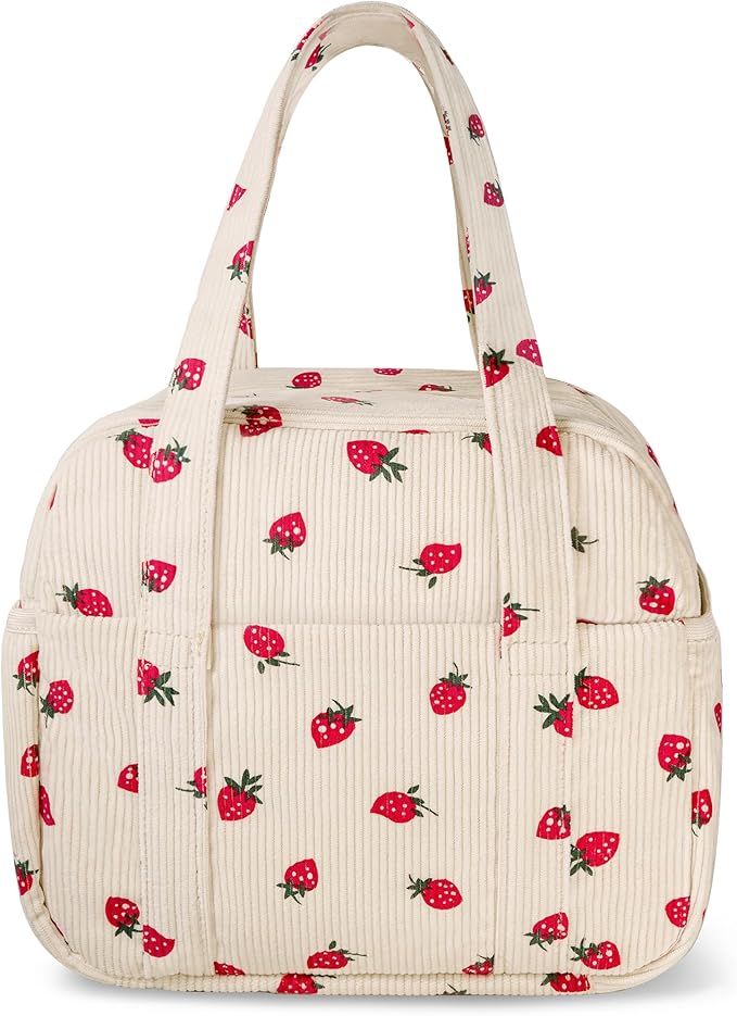 Yarnic Corduroy Lunch Bag Women Men Insulated, Large Lunch Box for Work with Bottle Pockets, Stylish Reusable Cooler Tote for Adults Teachers Picnic Hiking (Big Strawberry)