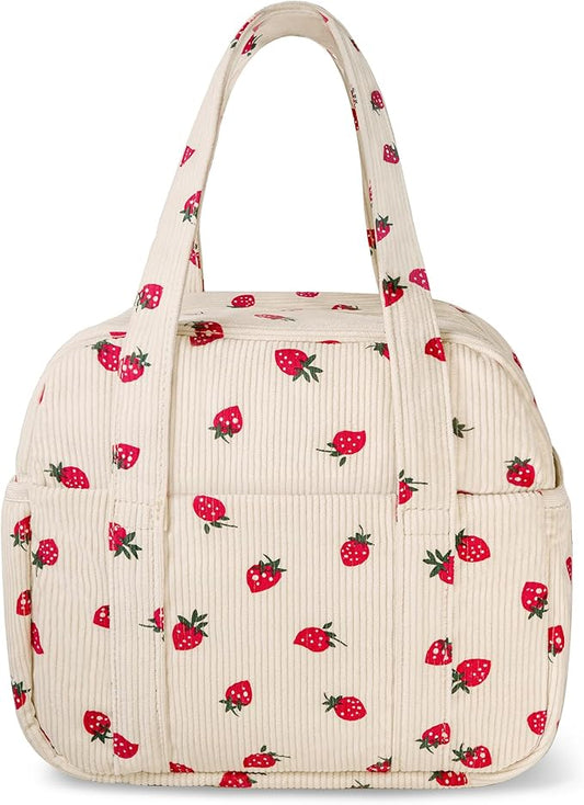 Yarnic Corduroy Lunch Bag Women Men Insulated, Large Lunch Box for Work with Bottle Pockets, Stylish Reusable Cooler Tote for Adults Teachers Picnic Hiking (Big Strawberry)