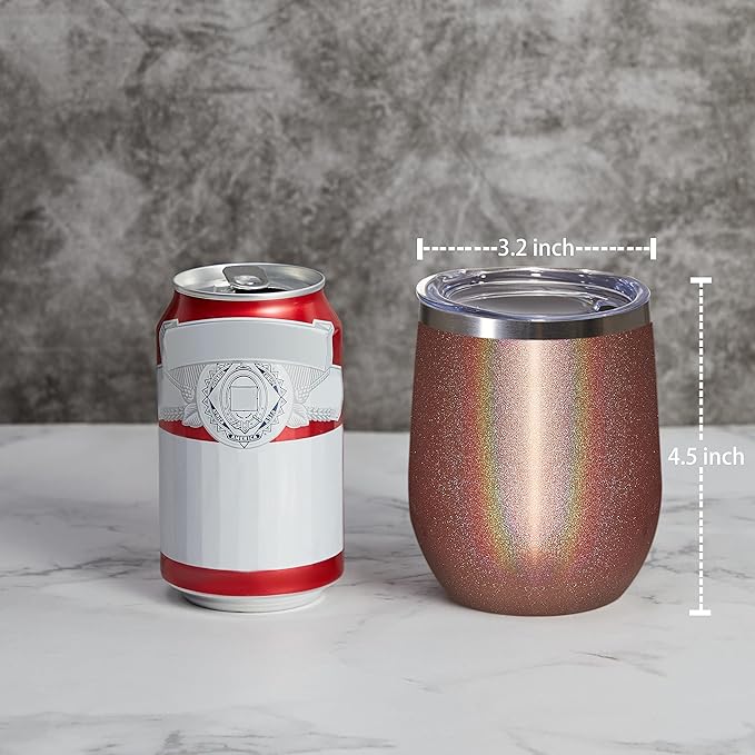 MEWAY 12oz/12 Pack Wine Tumbler Glasses with Lid - Stemless Double Wall Vacuum Stainless Steel Glitter Tumbler - Keeping Cold & Hot Cup for Coffee,Gift for Women(Rainbow Rose Gold,Set of 12)