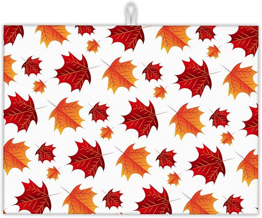 Autumn Maple Leaves Dish Drying Rack Mat for Kitchen Counter, Dish Drying Pad Absorbent Reversible Microfiber Protector for Coffee Bar Sink Countertops 18x24 Inch