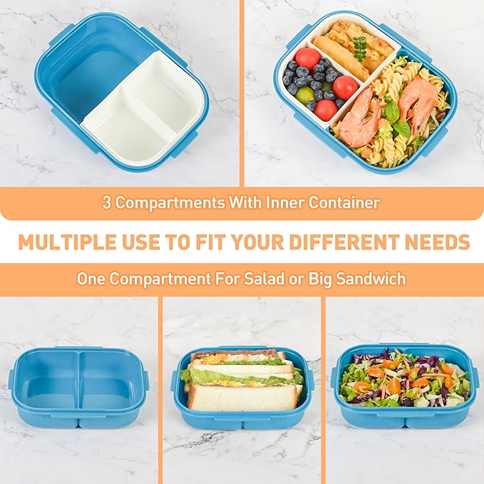 Bento Box with Removable Compartments for Adults & Kids - 1000ml Leak Proof Lunch Box with Utensils, BPA-Free, Microwave & Dishwasher Safe, Portable(Blue)