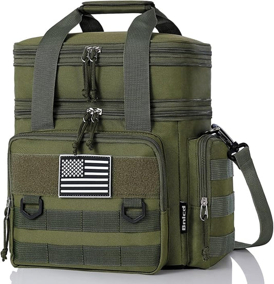 Tactical Lunch Box for Men, Expandable Large Insulated Lunch Bag for Adult, Heavy Duty Double Deck Lunch Cooler Bag with Shoulder Strap, Leakproof Soft Lunch Pail with American Flag - Green