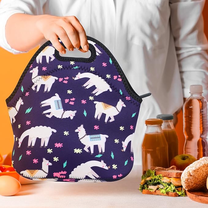 Violet Mist Lunch Bag, Alpaca Pattern, Neoprene Material, 11.42"L x 10.43"H x 5.51"W, 8.7 inches deep, fits containers up to 7"L x 6"W, Machine Washable