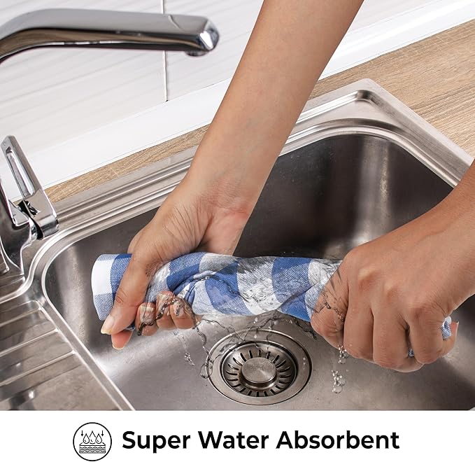 Urban Villa Kitchen Towels Set of 6 Buffalo Checks Blue/White Kitchen Towels 20X30 Inches 100% Cotton Highly Absorbent Kitchen Towels Premium Quality Ultra Soft Mitered Corners KitchenTowels