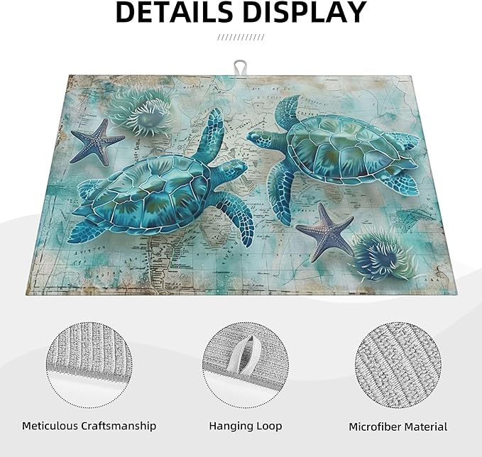 Sea Turtles Dish Drying Mat for Kitchen Counter Microfiber Super Absorbent Non-Slip Dish Drying Pad for Countertops Dishes Utensils Stylish Quick-Dry Machine Washable 18x24 Inch