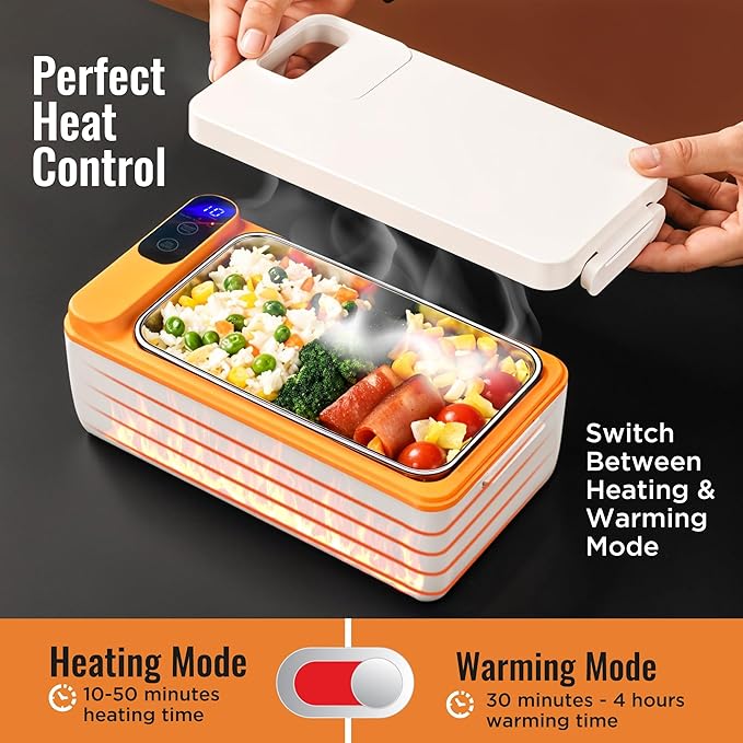 Rechargeable Electric Heated Lunch Box - Cordless Battery Powered Portable Food Timer Heater Keep Hot Meal - Self Reheating Soup Heat Warming Container Heating Warmer for Men Women Adults Car Vehicle