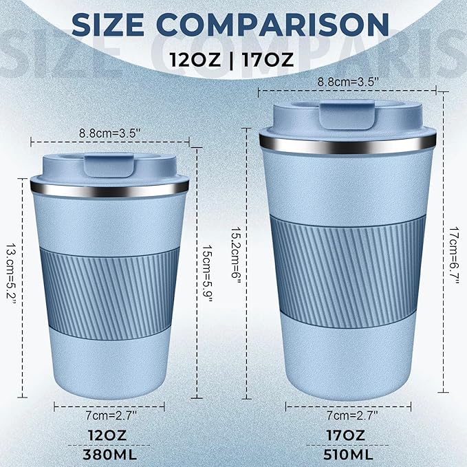 Insulated Coffee Tumbler 12 oz, Stainless Steel Coffee Mug with Lids, Travel Coffee Mug Leak Proof, Double Wall Vacuum Insulated Reusable Coffee Cup, Keep Drinks Hot and Cold (Sky Blue, 12 Ounces)
