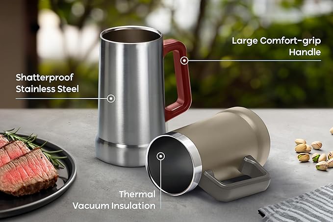 KooK Beer Stein, Stainless Steel Coffee Mug, Tumbler with Thermal Vacuum Insulation, Double Walled Drinking Cup, Large Handle, Shatterproof, Taupe, 23.7 oz