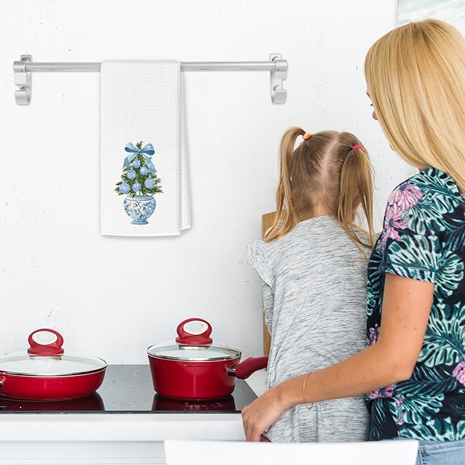 Blue Bow Chinoiserie Christmas Tree Kitchen Towels, Christmas Dish Tea Towels, Blue and White Grandmillennial Xmas Tree Hand Towel for Kitchen Bathroom Decor, 16x24 Inches