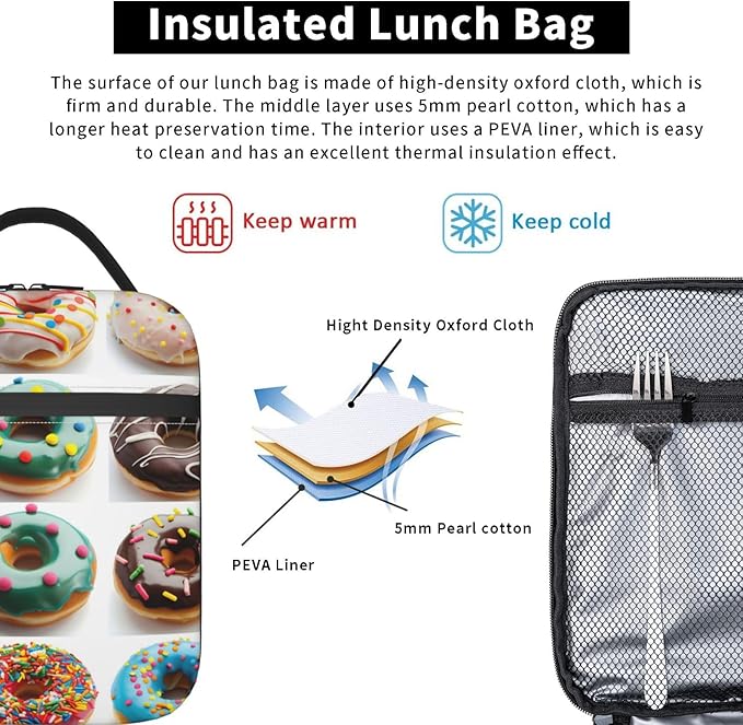 Realistic Donut Pattern Insulated Lunch Box Gifts for Kids Adults Funny Colorful Sweet Food Design Reusable Portable Lunchbox Cooler Lunchbag for Work Picnic School Travel or Hiking