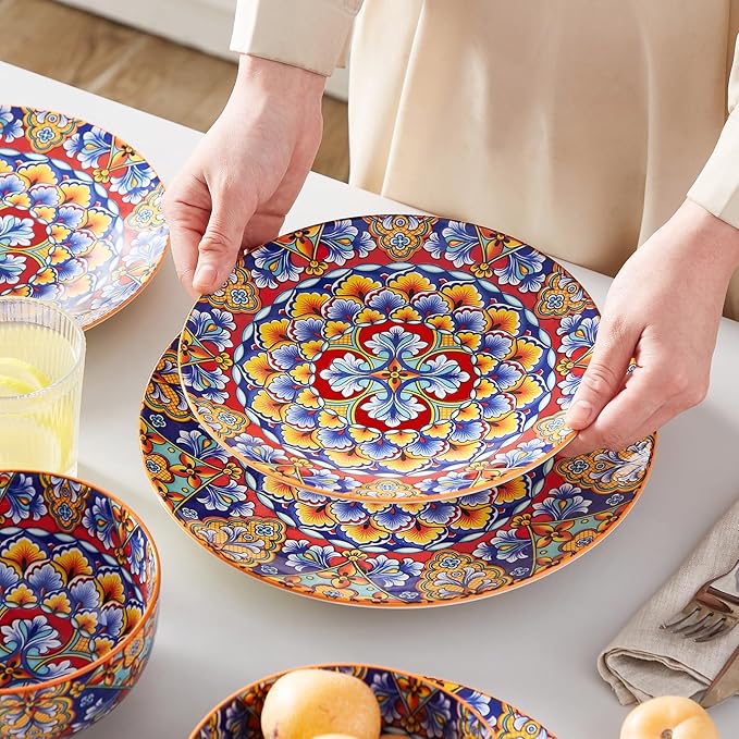 vancasso 12 Pieces Dinnerware Sets, Orange Plates and Bowls Set, Porcelain Dishes Set for 4, Microwave and Dishwasher Safe, Scratch Resistant, Bohemian Style Dining Ware Service for 4, Series SIMI