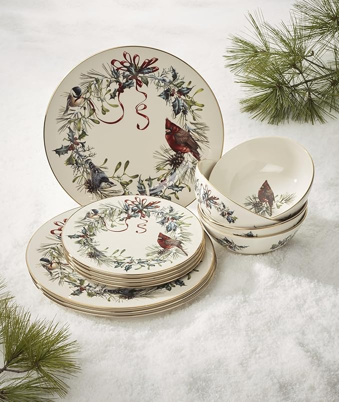 Lenox 894540 Winter Greetings 12-Piece Dinnerware Set, Red & Green, 12 Count, Christmas, Holiday Hosting