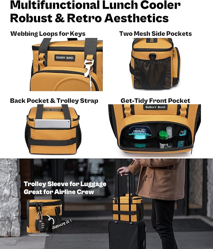 SUNNY BIRD 12L Large Insulated Lunch Bag, Leakproof and Foldable Lunch Cooler Box for Women Adult and Men, Fits 18 Cans (Ochre 01)