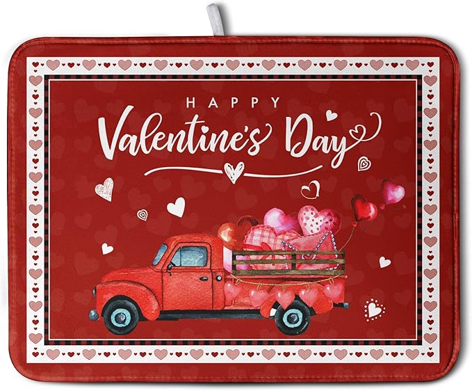 Valentine Red Truck Love Heart Dish Drying Mat 16x18 Inch Happy Valentine's Day Drying Mat for Kitchen Counter Microfiber Dish Drainer Mats Absorbent Dish Rack Pad for Home Coffee Bar Sinks