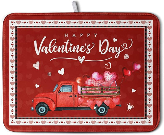 Valentine Red Truck Love Heart Dish Drying Mat 16x18 Inch Happy Valentine's Day Drying Mat for Kitchen Counter Microfiber Dish Drainer Mats Absorbent Dish Rack Pad for Home Coffee Bar Sinks