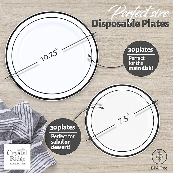 120-Piece Plastic Plates Set Premium 60 Dinner & 60 Salad Plates Pack, Disposable Plates for Party - White Plastic with Black Rim