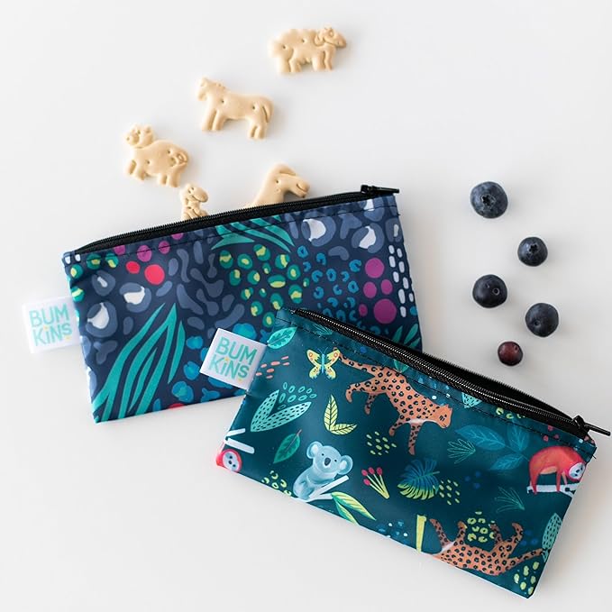 Bumkins Reusable Snack Bags, for Kids School Lunch and for Adults Portion, Washable Fabric, Waterproof Cloth Zip Bag, Supplies Travel Pouch, Food-Safe, 2-pk Jungle and Animal