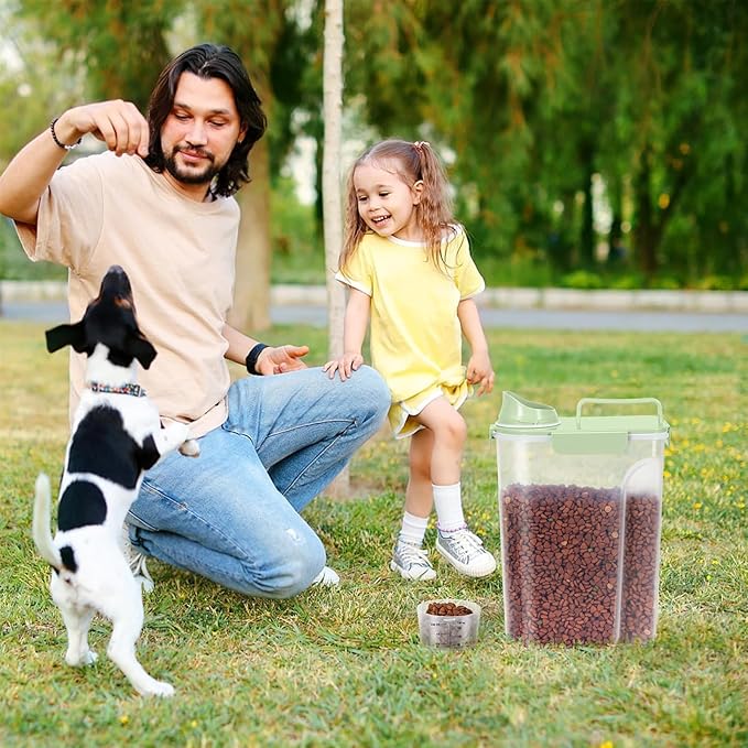 5-7Lbs Dog Cat Food Storage Container with Upgraded Large Nozzle BPA-free, 4 Snap Seals Plastic Pet Food Storage Containers with Handles (3, Light Green, 5L)