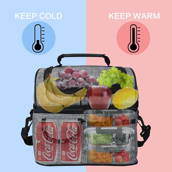 Tirrinia Reusable Lunch Box for Men Women, Insulated Lunch Bag Adult Work, Double Decker Leakproof Lunchbox for Office Picnic Beach—Dual Compartment Lunch Cooler Bag,Dark Gray