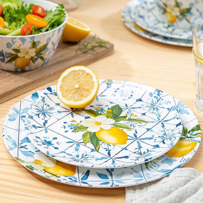 Bzyoo 12-Piece Melamine Dinnerware Set - Lemon Tiles | Lightweight, Durable, BPA-Free | Dishwasher Safe Dish Set for Indoor & Outdoor Use - Perfect for Camping, BBQs