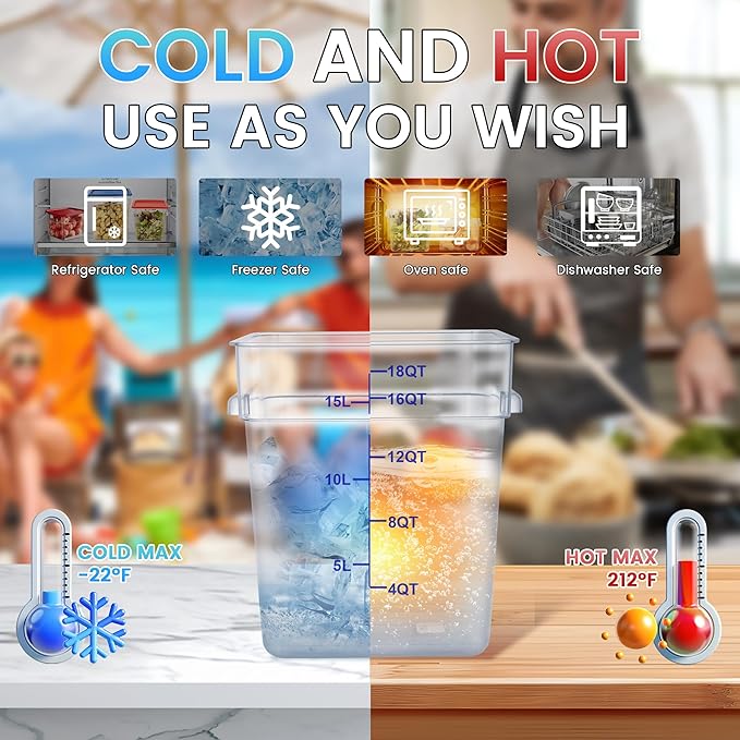 4 Pack Clear Food Storage Containers with Lids and Handles Polycarbonate Square Commercial Food Containers, NSF (18Qt)