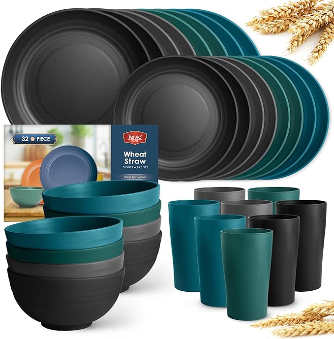 Teivio 32-Piece Kitchen Plastic Wheat Straw Dinnerware Set, Service for 8, Dinner Plates, Dessert Plate, Cereal Bowls, Cups, Unbreakable Colorful Plastic Outdoor Camping Dishes,Coastal