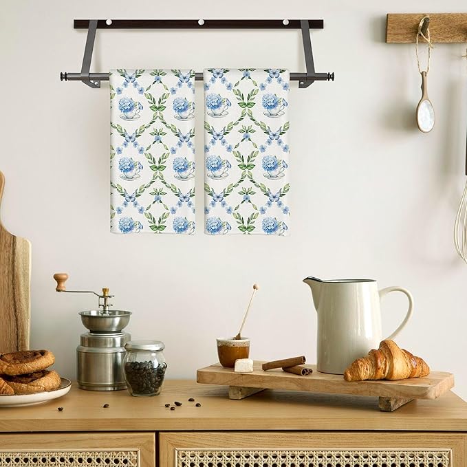 Blue Hydrangea Chinoiserie Floral Butterfly Tea Hand Dish Towels for Kitchen Bathroom, Chinoiserie Hydrangea Decor, Blue Hydrangeas Gifts, Coffee Towels for Coffee Bar Kitchen Bathroom, 16x24