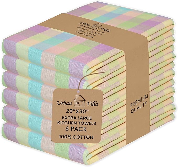 Urban Villa Kitchen Towels Set of 6 Buffalo Checks Easter Kitchen Towels Size 20”X30” Inches 100% Cotton Highly Absorbent KitchenTowels Premium Quality Ultra Soft Mitered Corners KitchenTowels