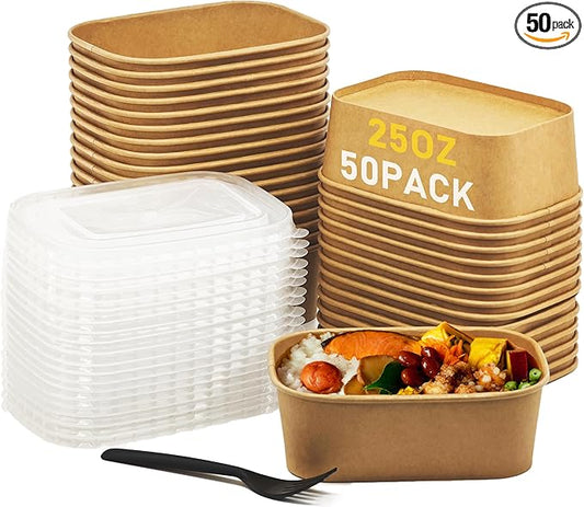 25OZ Paper Food Containers [with Lids & Forks] Disposable Meal Prep Containers 50 Pack Rectangle Take Out Box for Salad, Hot/Cold Food, Treat Serving Bowls for To Go Food, Office Lunch, Picnic, Party
