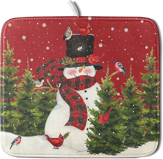 Christmas Tree Snowman Dish Drying Mats for Kitchen Counter 16×18 Inch Bird Snowflake Small Microfiber Drying Mat Kitchen Accessories Dish Rack Mat Drainer Pad Washable Absorbent